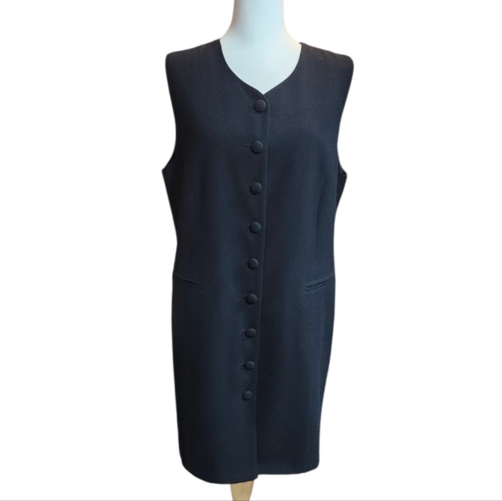 Vintage Jeremy Scott Classic Black Button-Front Sleeveless, Lined, Wool Dress